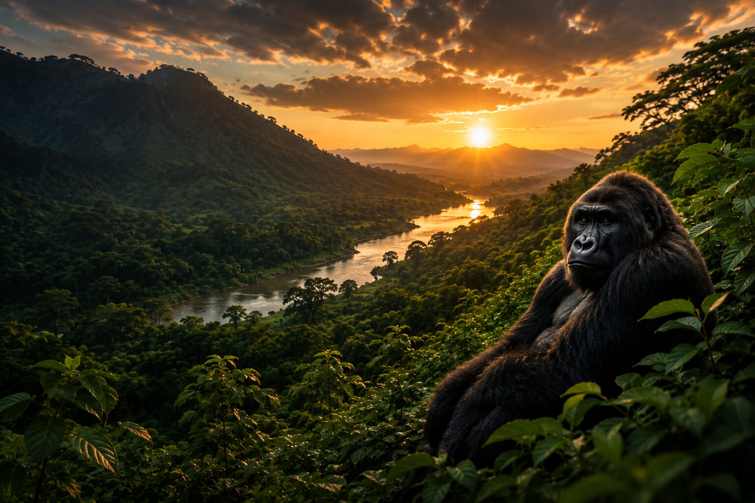 Mountain gorilla overlooking the Uganda rainforest at sunset